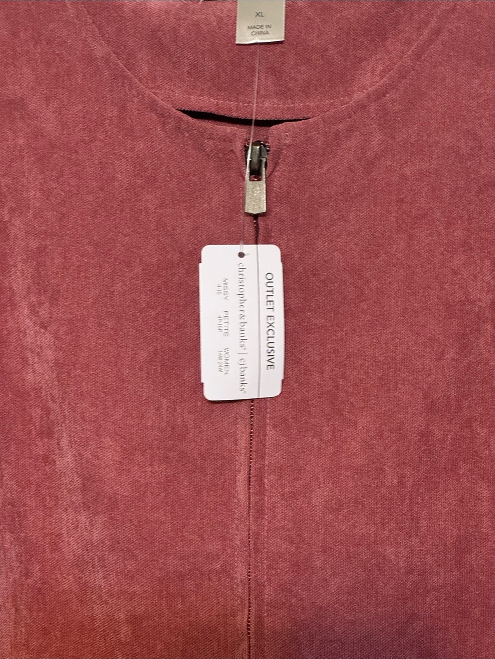 NWT Christopher & Banks Mauve Zip-Front Suede-Style Pullover Sz XL - Picture 2 of 9